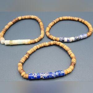 Mens Natural Stone Wood Beaded Bracelet Lot 3pc Stretch Sodalite Jasper Boho OS
